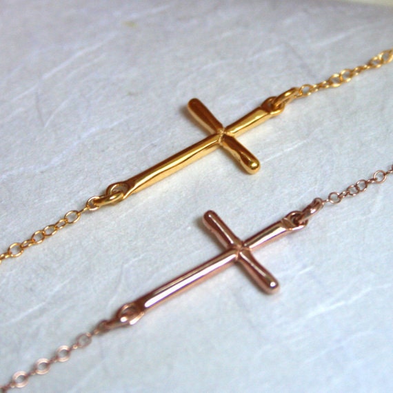 YELLOW GOLD Plated Sideways Cross Necklace-Sterling Silver-CENTERED