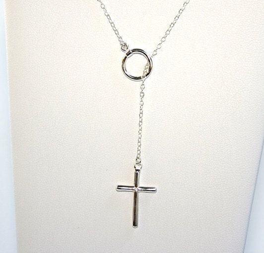 Hanging Cross Lariat Necklace-925 STERLING SILVER