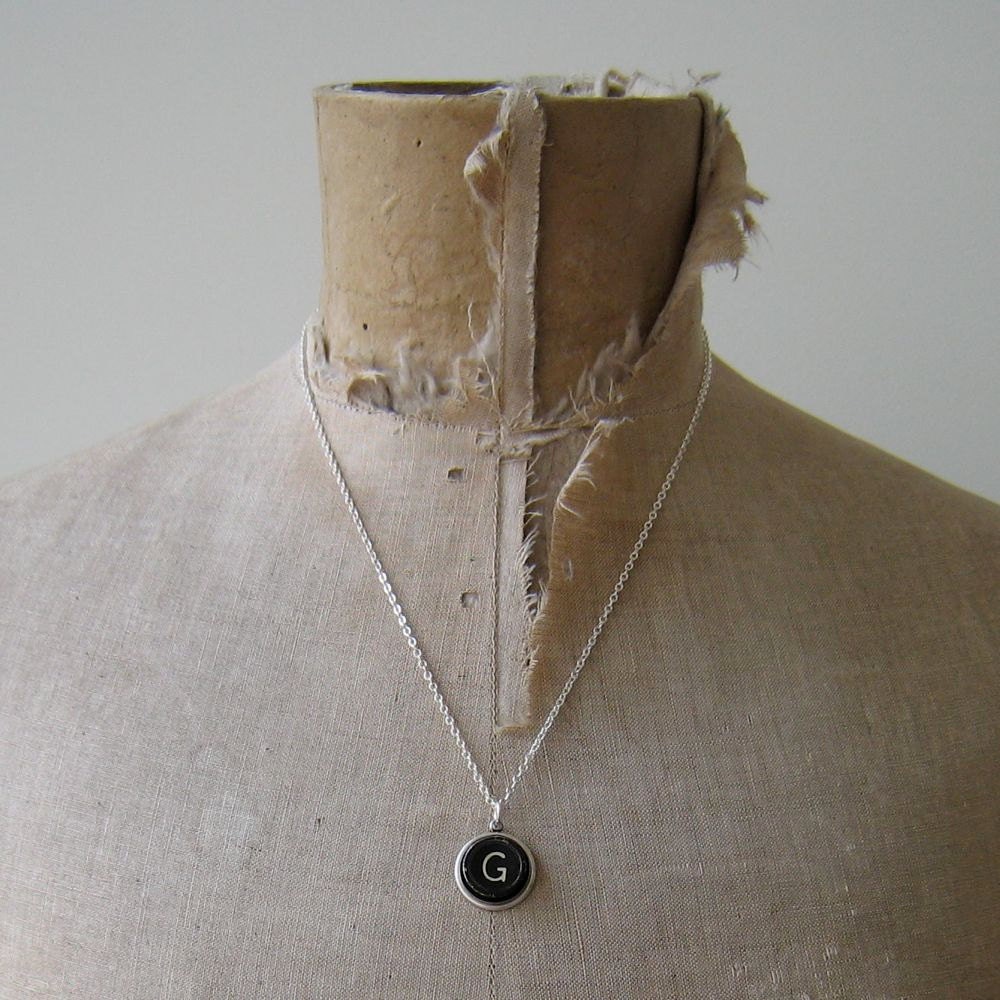 Typewriter key necklace - vintage black key - letter initial G
