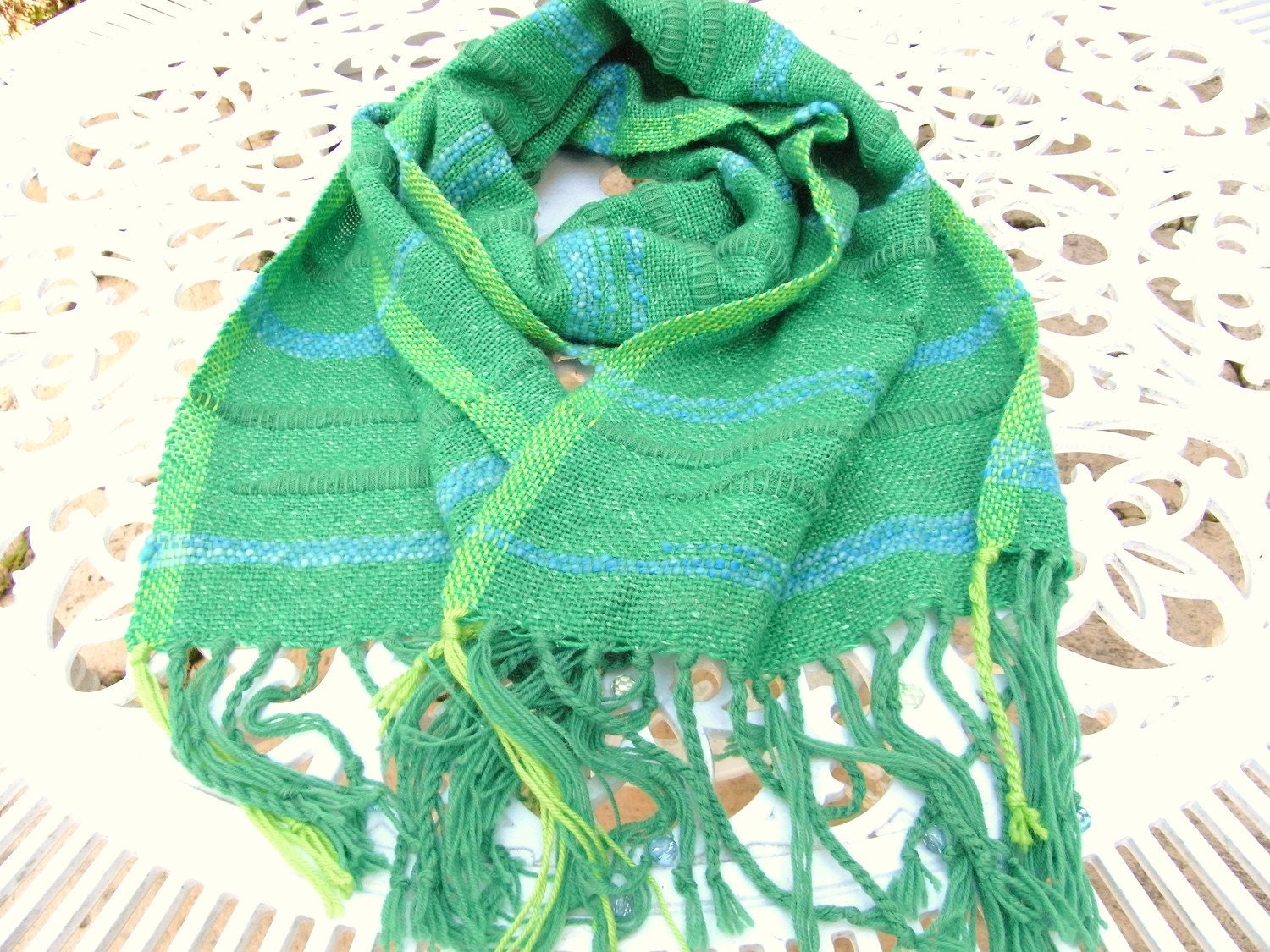 Green Handwoven Scarf with Silk and Merino