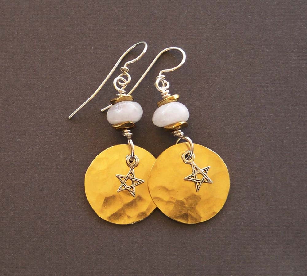 Sterling Silver Pentagram Earrings Moonstone Earrings Wiccan Jewelry Hammered Brass Earrings