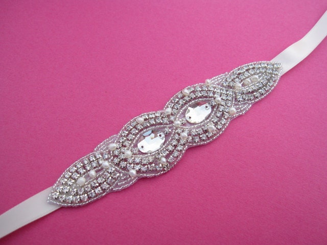 Bridal pearl and crystal headband, bridal headband ribbon,bridal belt sash ribbon, bridal hair accessories, wedding headband pearl