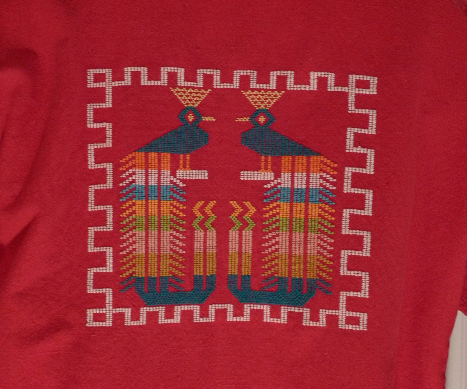 Guatemala Jacket Embroidered Mayan Shirt Quetzal Sacred Bird Hand Woven 70s vintage Red Small Medium Unisex   FREE SHIPPING