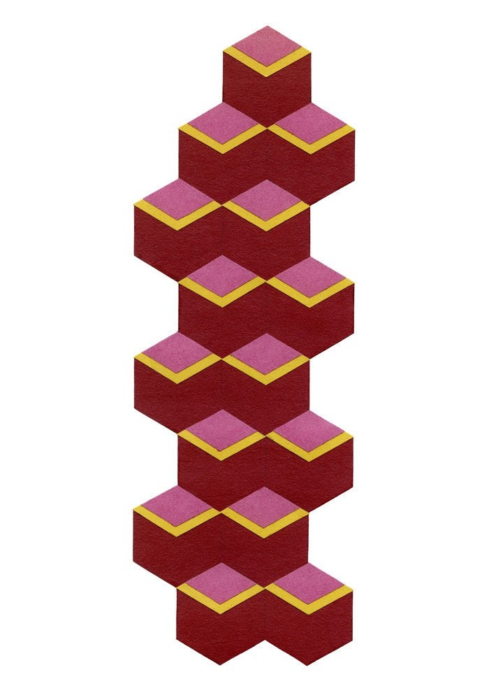 Geometric Hexagon - Art Print of an original paper collage - Red Pink Yellow