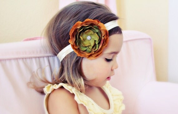 Gorgeous Shades of Gold and Green Flower Baby Girl Toddler Headband - Perfect for Fall