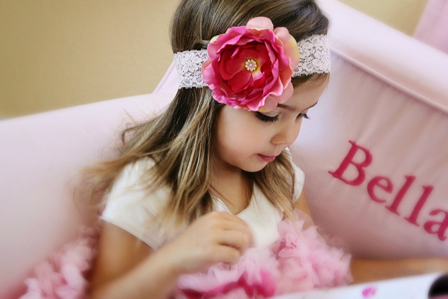 Gorgeous Peach and Pink Ranunculus Flower Attached to a Pink Lace Headband - Baby Girl and Toddler Headband - Great Photo Prop