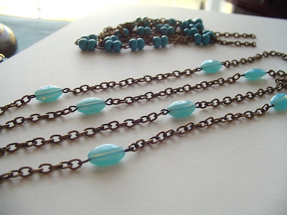 Light Aqua Blue Opaline Opal Glass Bead Chain Antiqued Brass....3ft