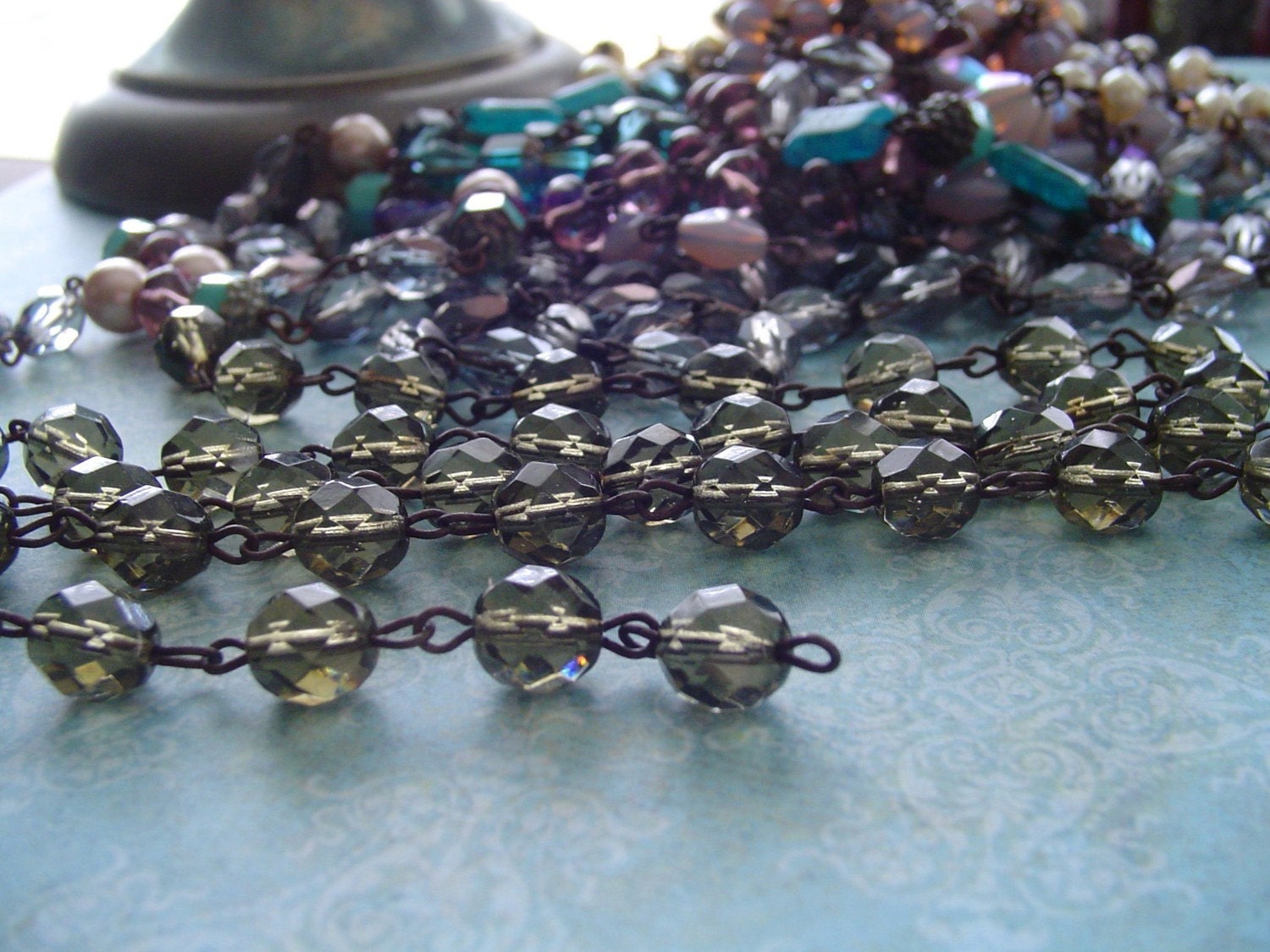 Sparkling Smoky Quartz Faceted glass Beaded Chain Aged Dark Patina wire links Czech Glass beads
