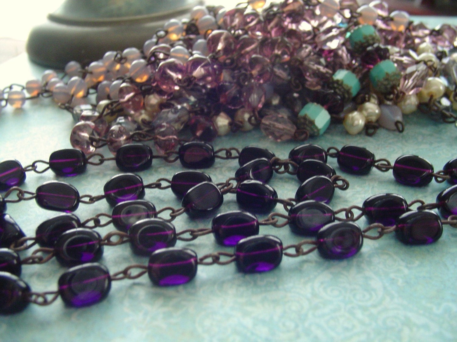 DaRk Rich Amethyst VioLeT Glass Beaded Chain...Aged Dark Patina wire links...Czech Glass beads