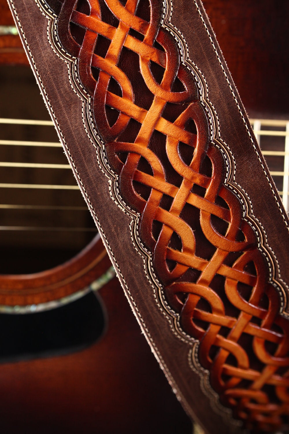 Guitar Strap: brown leather guitar strap with a celtic design "Celtic Nation Guitar Strap"