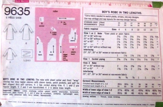 Simplicity 9635 Boys Robe Pattern size 8 1970s