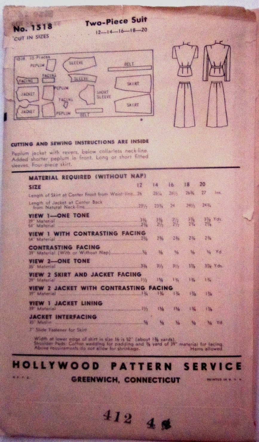 Hollywood 1518 Womens Peplum Jacket Skirt 1940s Pattern