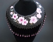 Bead Embroidery Pink Black Bead Embroidered Necklace Sakura -Cherry Blossoms Bead Embroidery Art Neck Piece