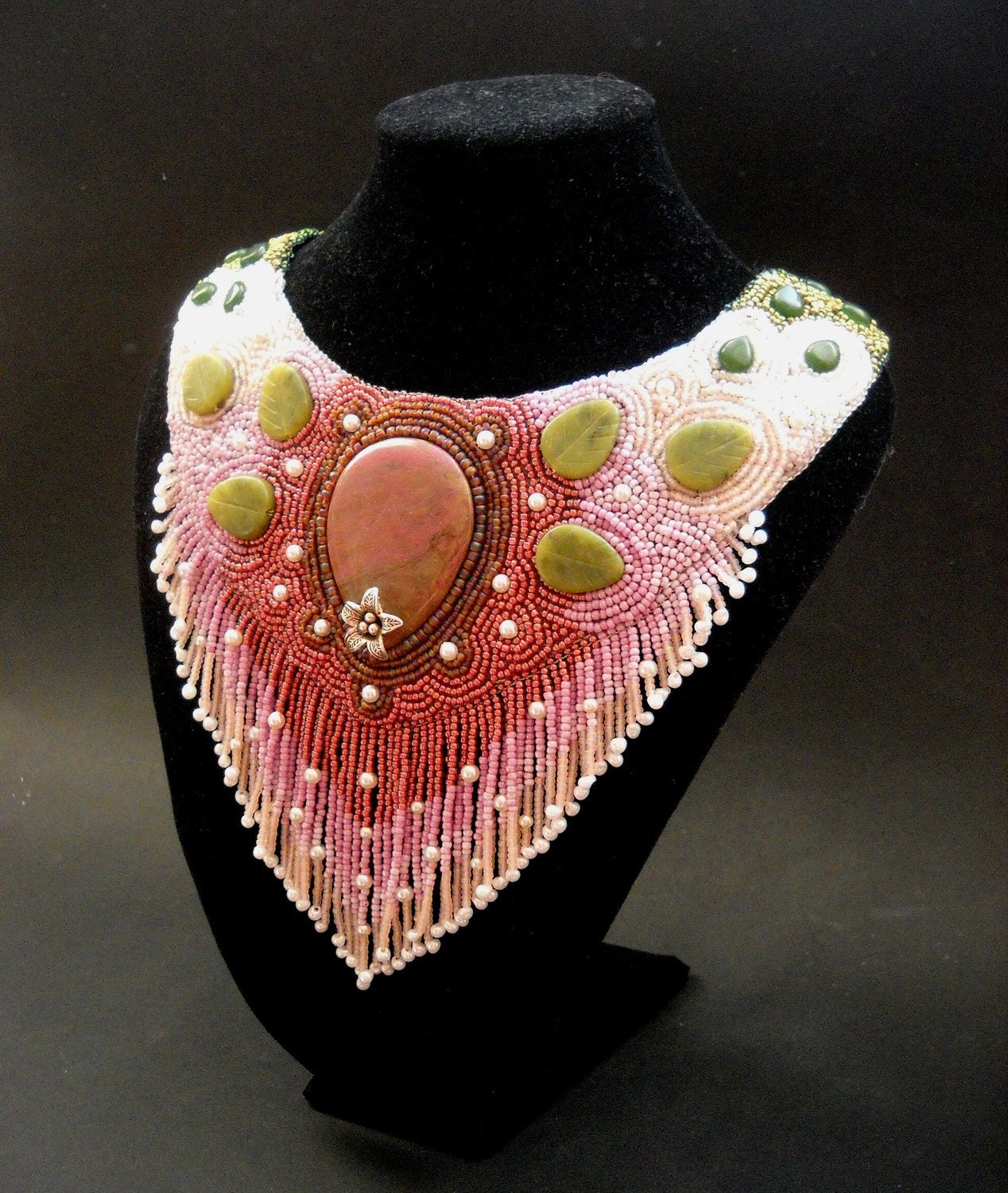 Bead Embroidery Necklace Pink Cherry Mauve Art Neck Piece La Primavera - Springtime Symphony