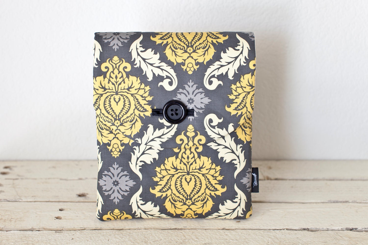 Kindle Fire Case, Kindle Case, Kindle Sleeve, Cover - Padded with Pocket - Grey Yellow Damask