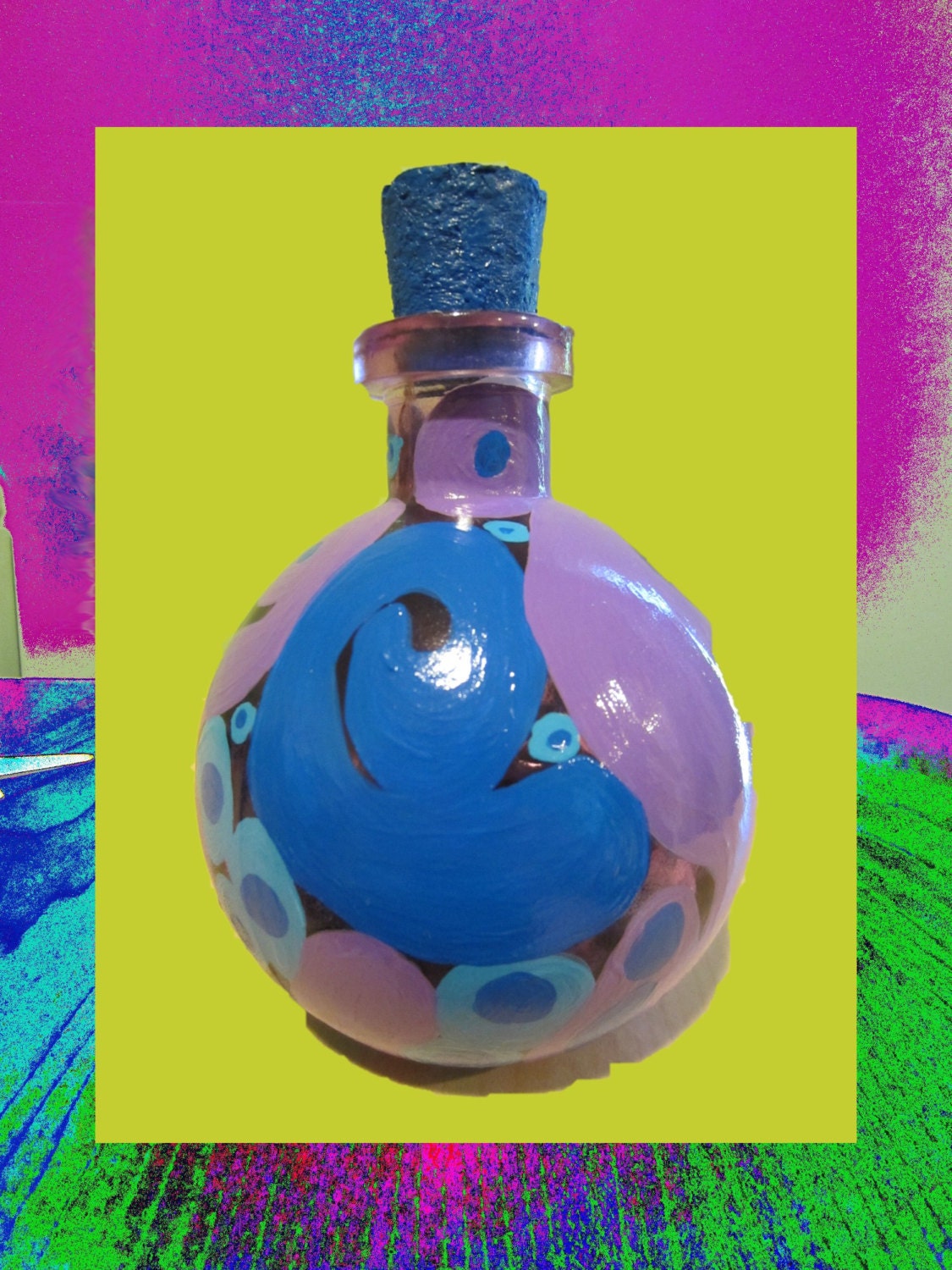 Bottle Art , Painted Bottle , Funky Art , Funky and Original Art On Bottles , Purples And Blues , One Of A Kind Handpainted Original Design