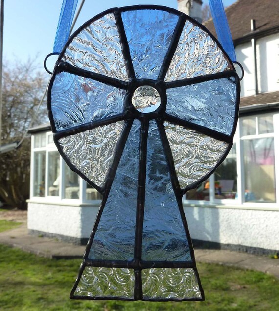 Blue and Clear Celtic Cross, stained glass light catcher