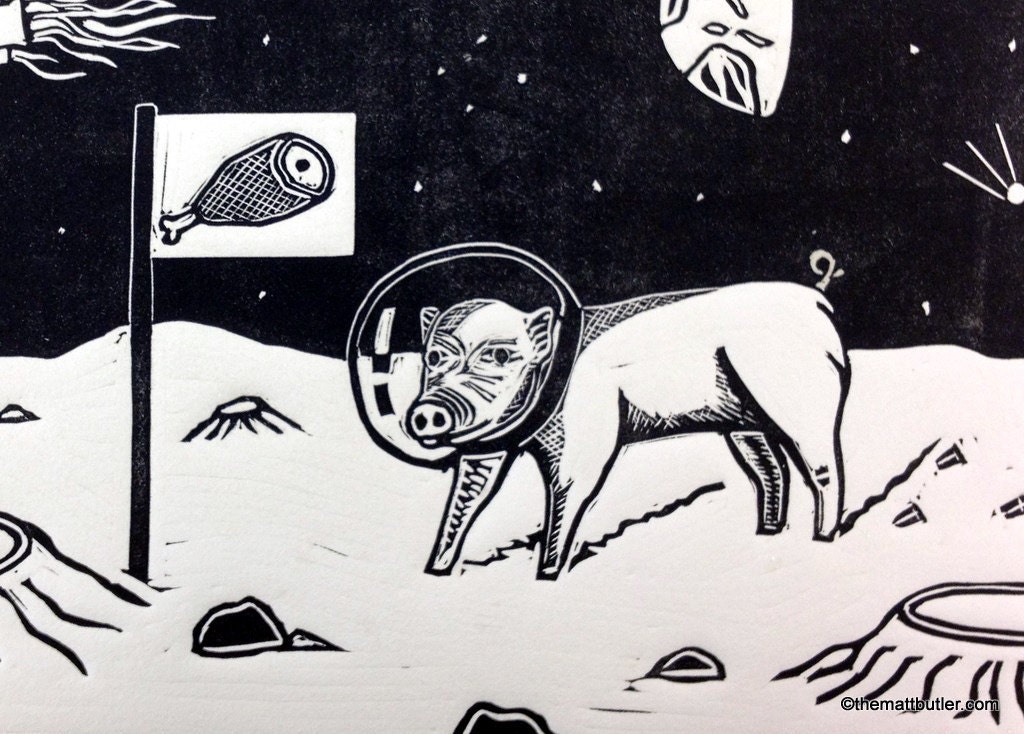 Pig on the Moon linocut print poster