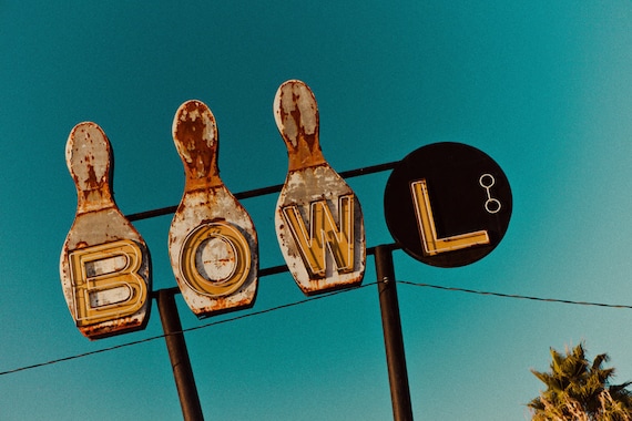 Bowling Ball and Pins Neon Sign - READY TO SHIP - As Seen in Etsy Dudes - Vintage Neon Sign - Bowling Alley Art - 12X18 Fine Art Photograph