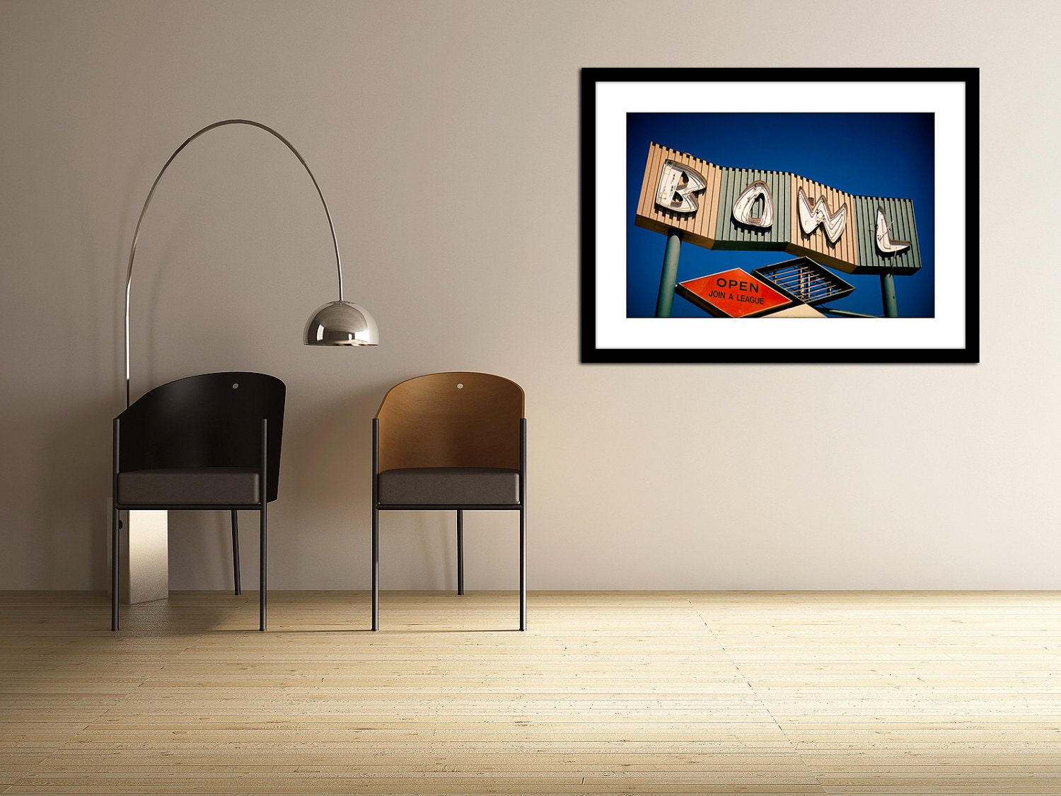 Vintage Los Angeles Neon Bowling Alley Sign - Mid Century Modern Home Decor - Big Lebowski Inspired Wall Art - 24X36 Print