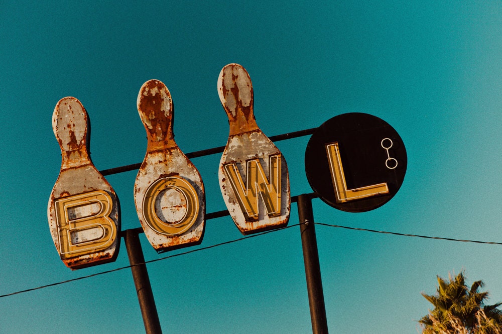 Bowling Ball and Pins Neon Sign - READY TO SHIP - As Seen in Etsy Dudes - Vintage Neon Sign - Bowling Alley Art - 12X18 Fine Art Photograph