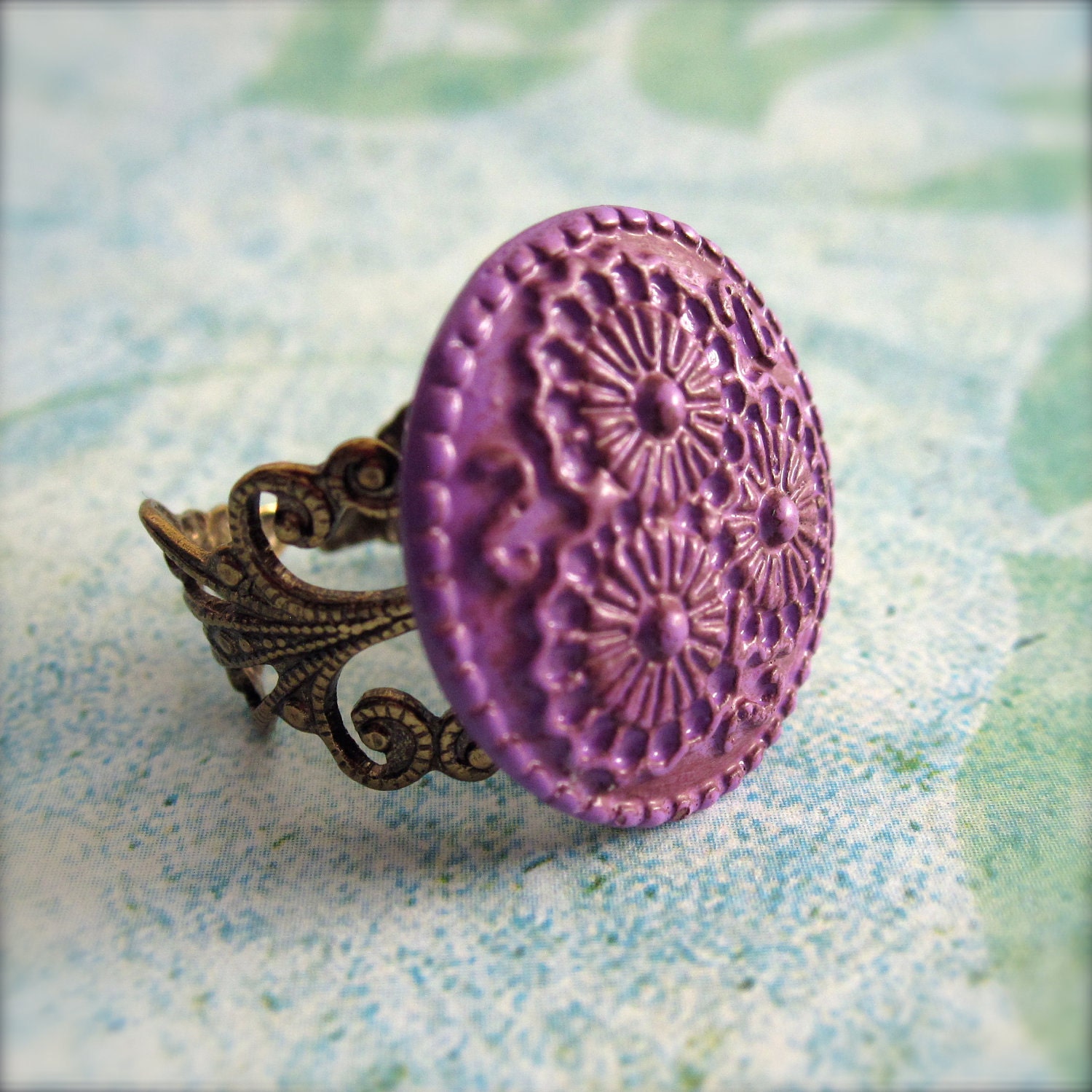 Boho Ring - Button Ring - Purple - Floral - Gift Under 20
