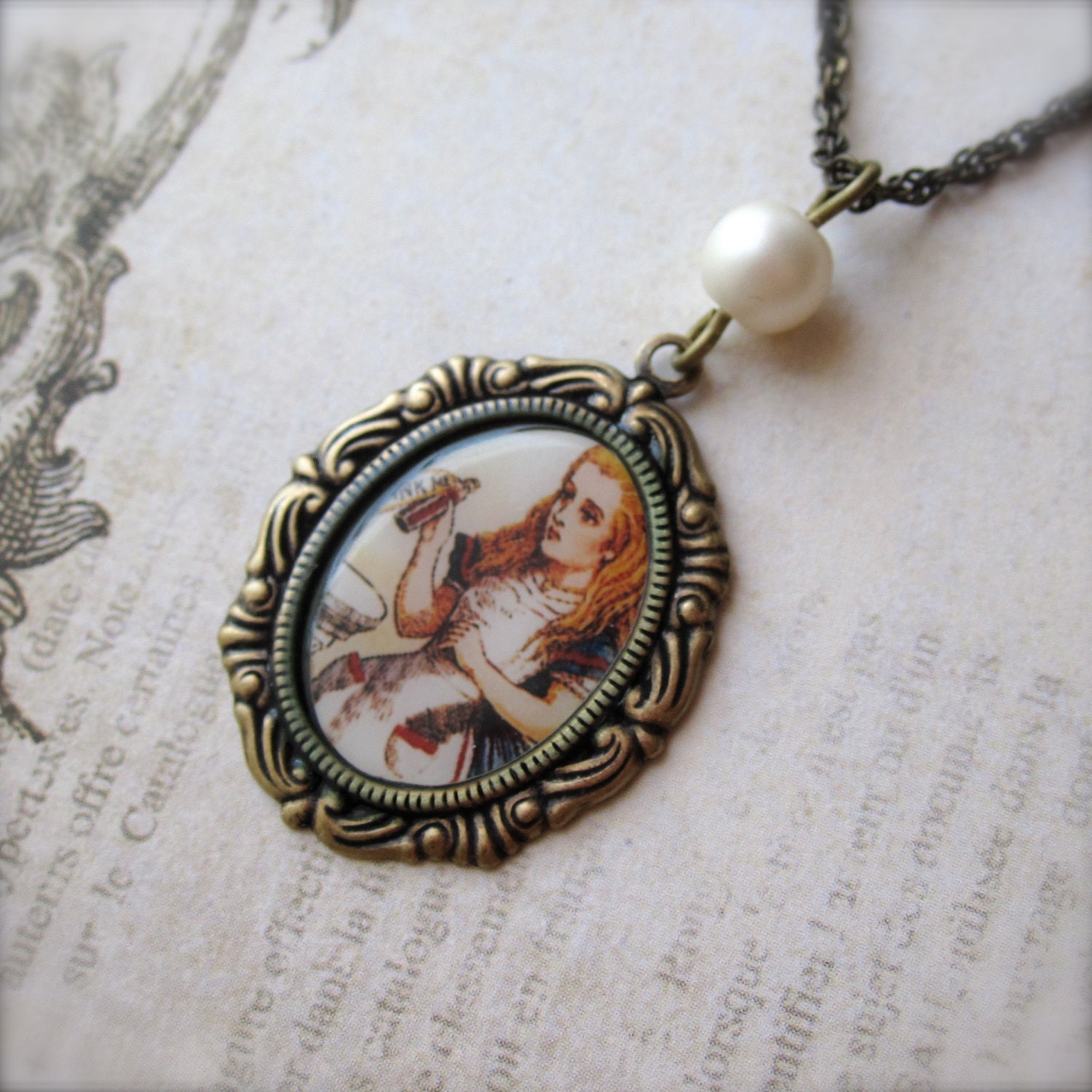 Alice in Wonderland Necklace - Cameo Necklace - Brass - Pearl - Drink Me