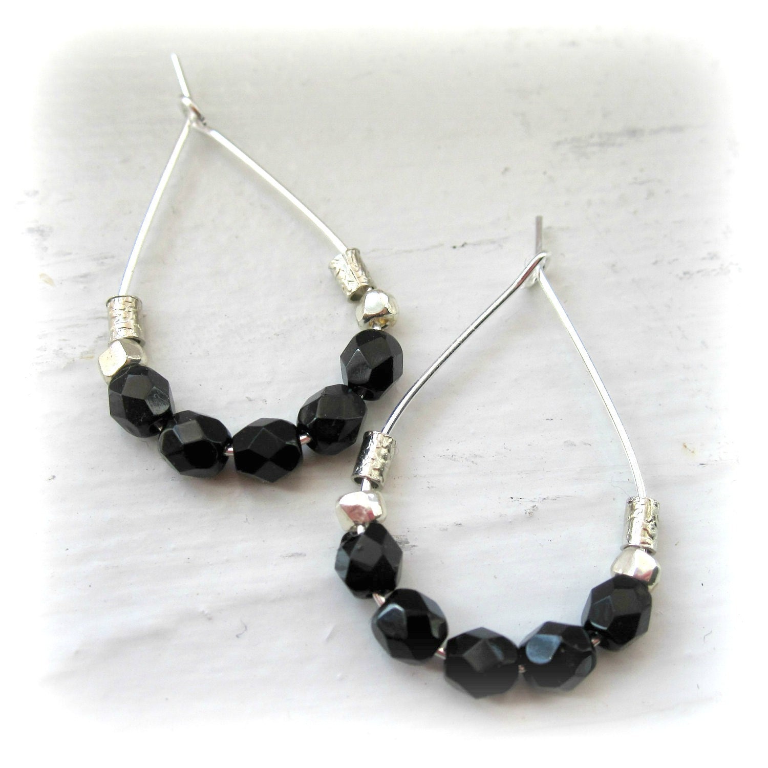 Beaded Hoop Earrings - Black - Silver Hoop Earrings - Teardrop Earrings - Beaded Earrings  - Gift Under 15