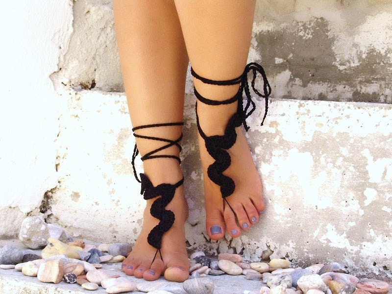 Barefoot sandals, crochet wavy black sandles, nude shoes, wedding, victorian lace, sexy,  yoga, anklet , beach pool