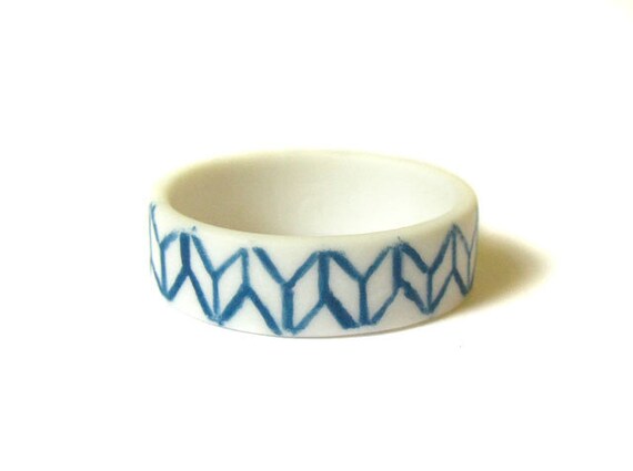 Ceramic Rings - Teal Geometric Patterned Porcelain Ring - Ring Size 9 - Size R 1/2