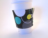Reusable Coffee Sleeve Black White Lime Green and Aqua Blue Geometric Circles and Dots for Guys