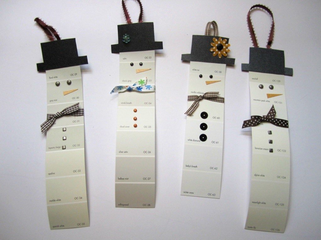 Snowman Christmas Tree Ornaments, Gift Tag, Upcycled Paint Chips, Set of 4