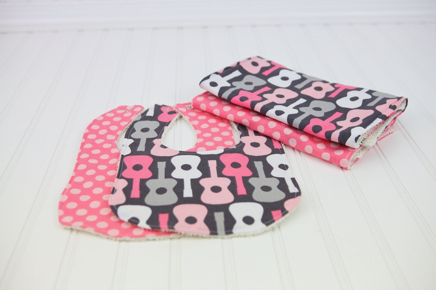 Pink Groovy Guitar Baby Girl Shower Gift Set Bibs and Burp Cloths