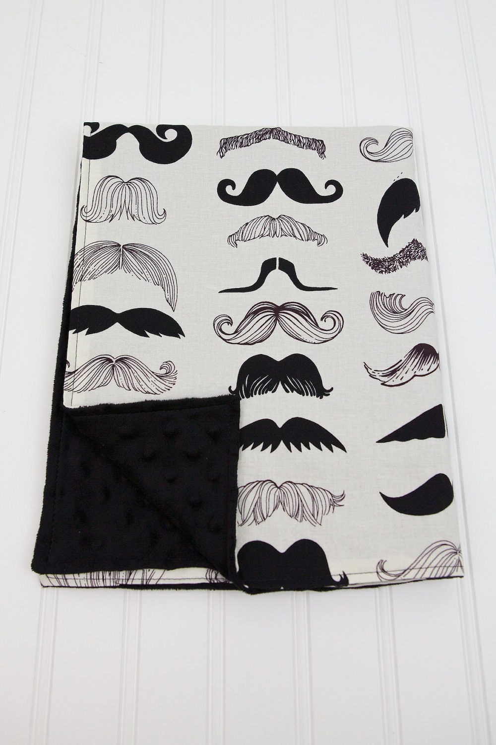 Mustache Baby Blanket Where's My Stache with Black Minky, Moustache