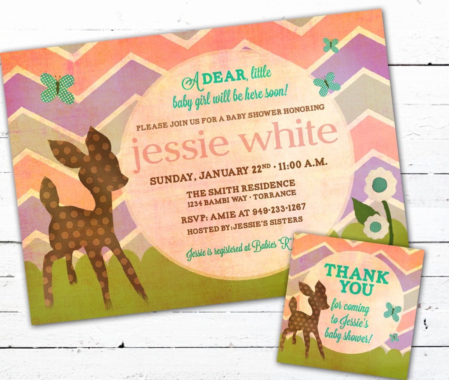 Baby Shower Invitation, girl with matching tags- A Dear Deer with chevron Il_170x135