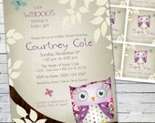 Owl Baby Shower Invitation and Gift Bag Tags (purple)-- Little Owlie Il_170x135