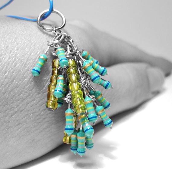 Resistor Necklace Cluster Teal Green Blue Upcycled Computer Parts
