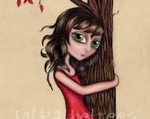 Big Eye Art - Art Print - Girl Hugging Tree - Tree Hugger - 5x7 Print - mixed media