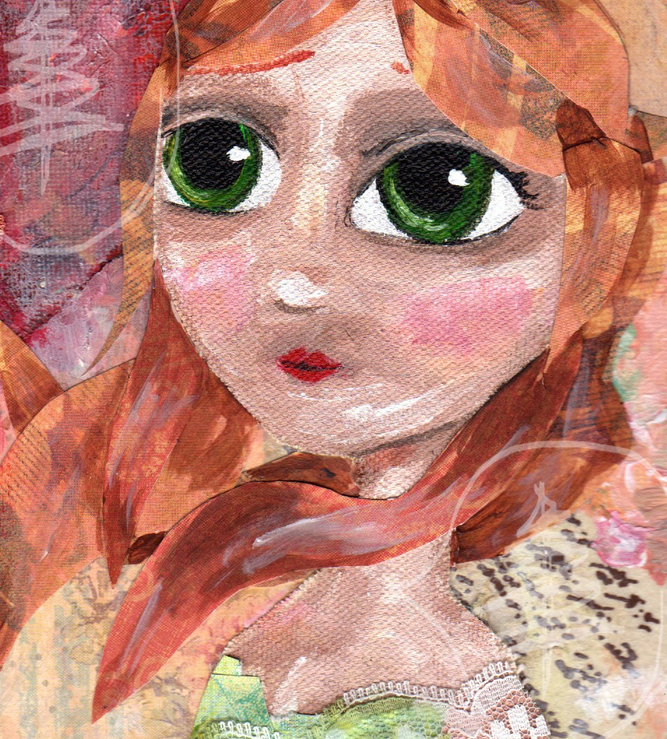 Big Eye Art - Mixed Media Painting - Girl Painting - 5x7 Print - Colorful Art -  Red Head - Vintage Lace