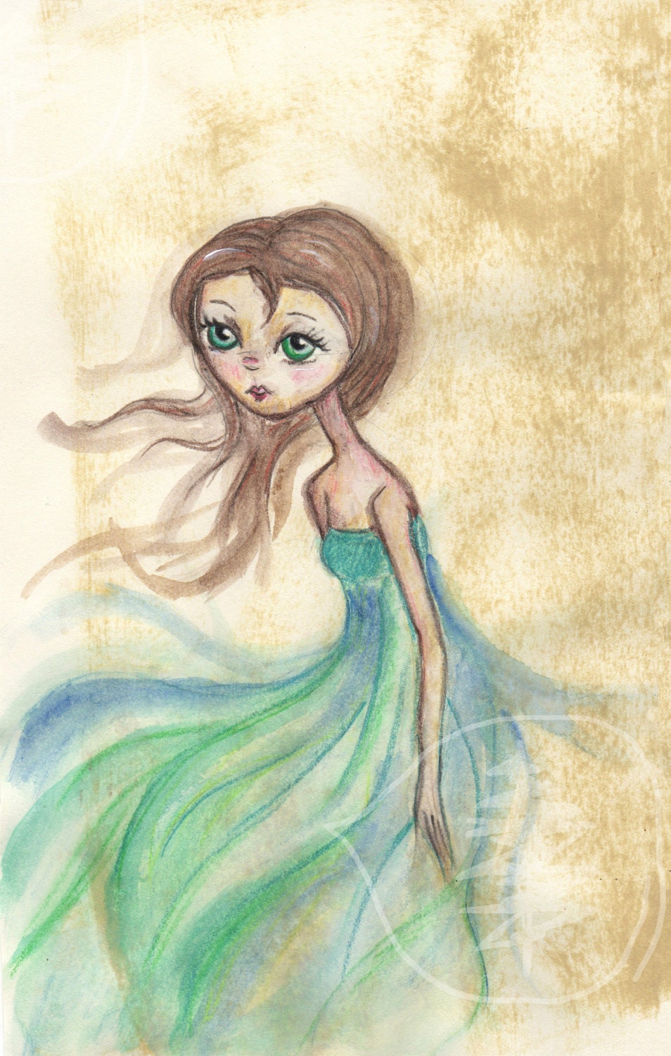 Mixed Media Girl - Big Eye Art - Water Girl - Pretty - print - Green