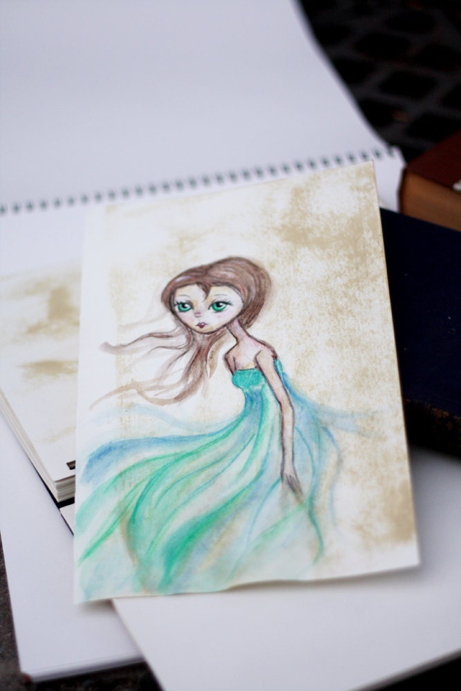 Mixed Media Girl - Big Eye Art - Water Girl - Pretty - print - Green