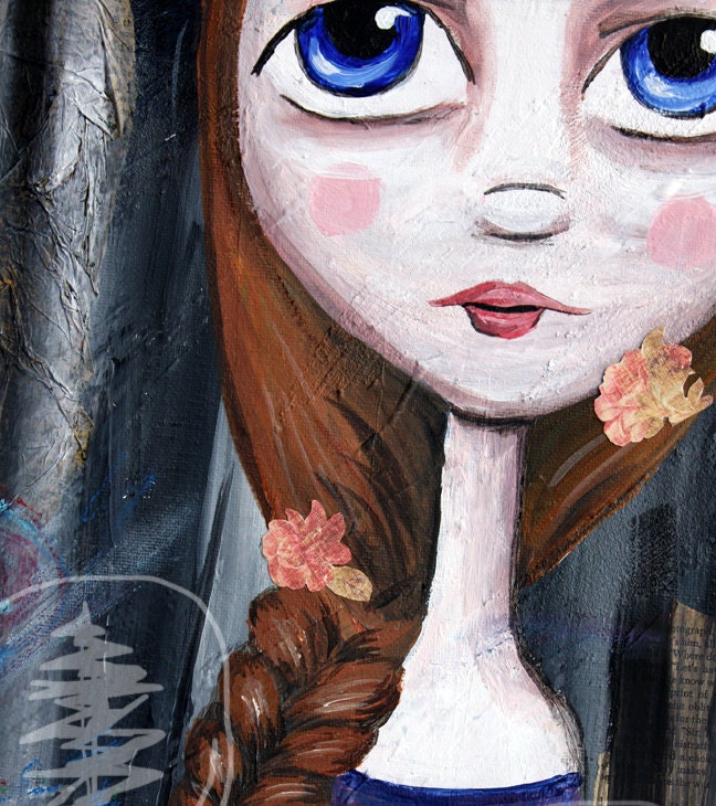 Big Eye Art - Girl Painting - Braids - Forest painting - Mixed Media - Art Print - 8x10