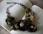 COCOA ROSA Brown Velvet Rose Mixed Media Textile Statement Bib Necklace