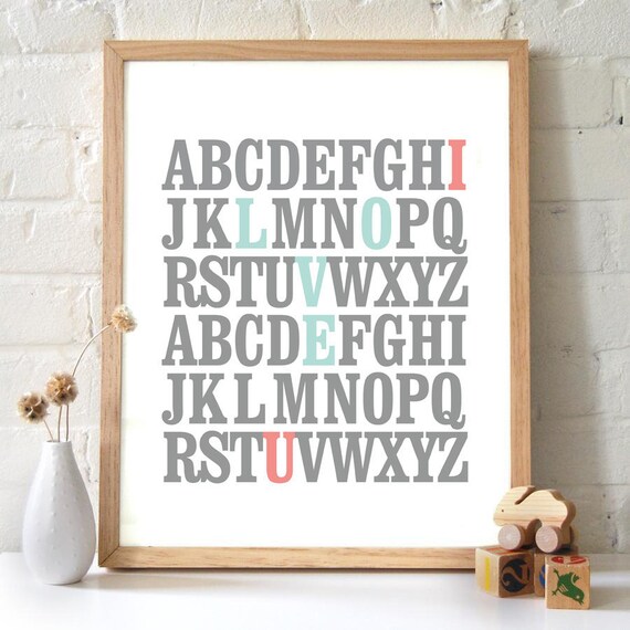 11x14 ABC Print. I love you. Alphabet Love. Typography Print. Mint and Coral - 115