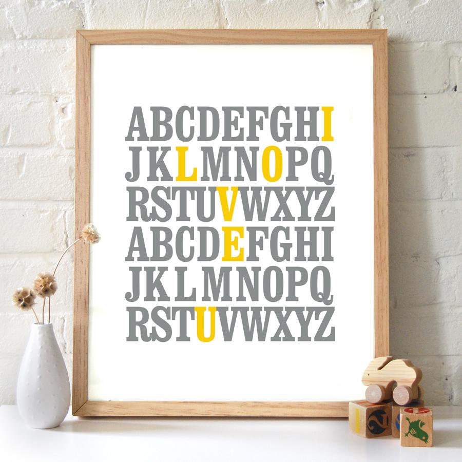 12x16 ABC Print. I love you. Alphabet Love. Typography Print. Gray and mustard yellow -102
