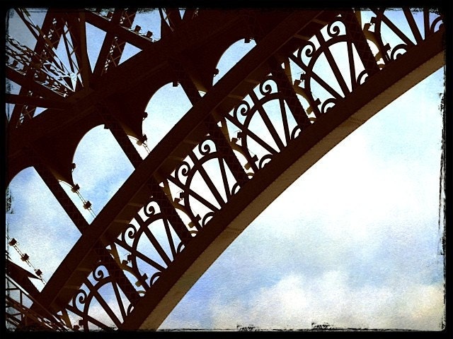 Eiffel's Lacey Steel with blue sky.  5x7 Fine Art Photograph.  Paris Eiffel Tower Picture with blue sky and clouds.  Eiffel Tower for home
