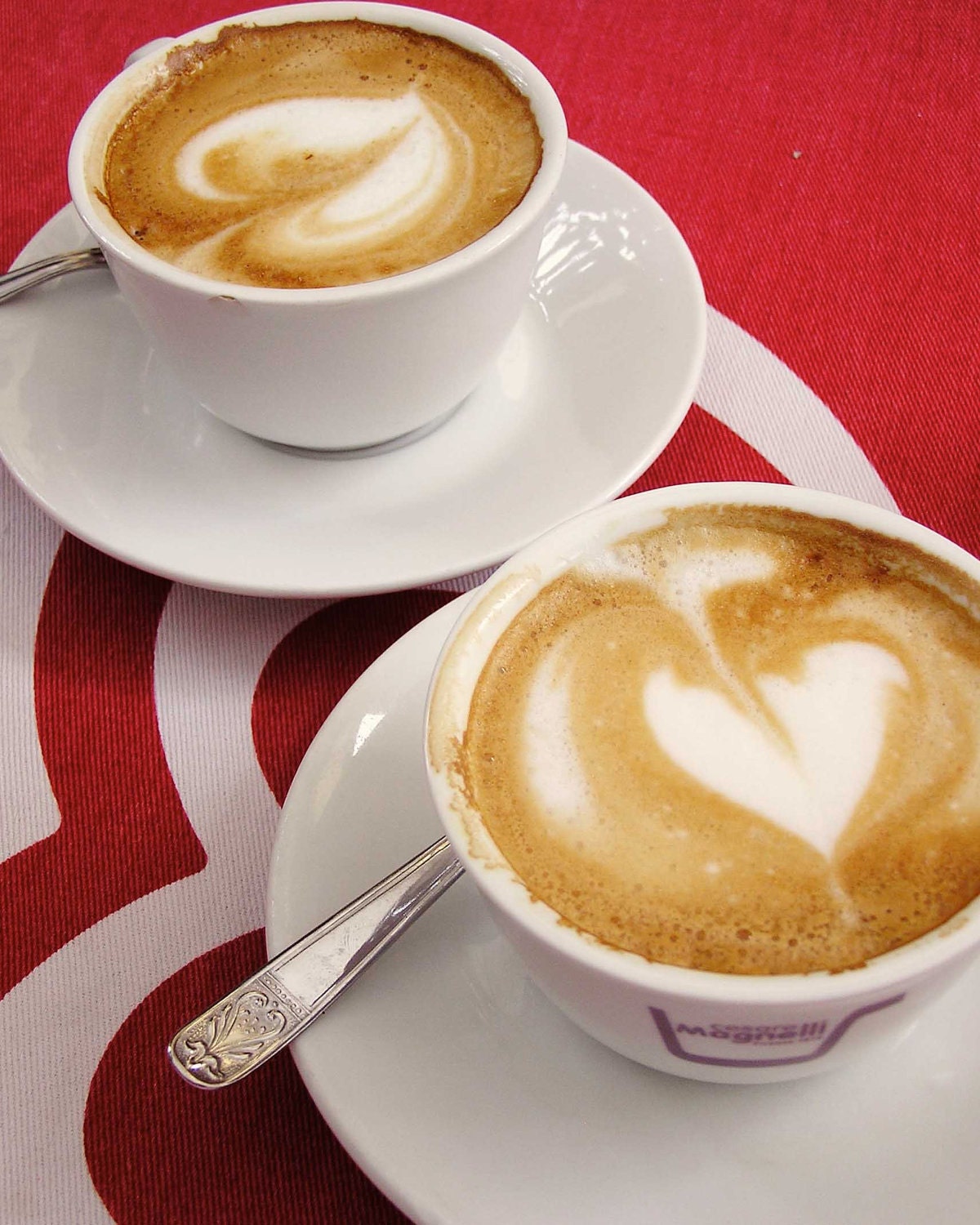 valentines hearts, coffee hearts, cafe photo, coffee photo, coffee print, kitchen art, cappuccino, crimson red, red and white, travel photo