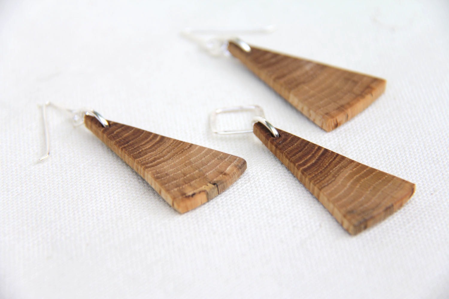 petite triangles - natural oak earring and pendant set - sterling silver and wood
