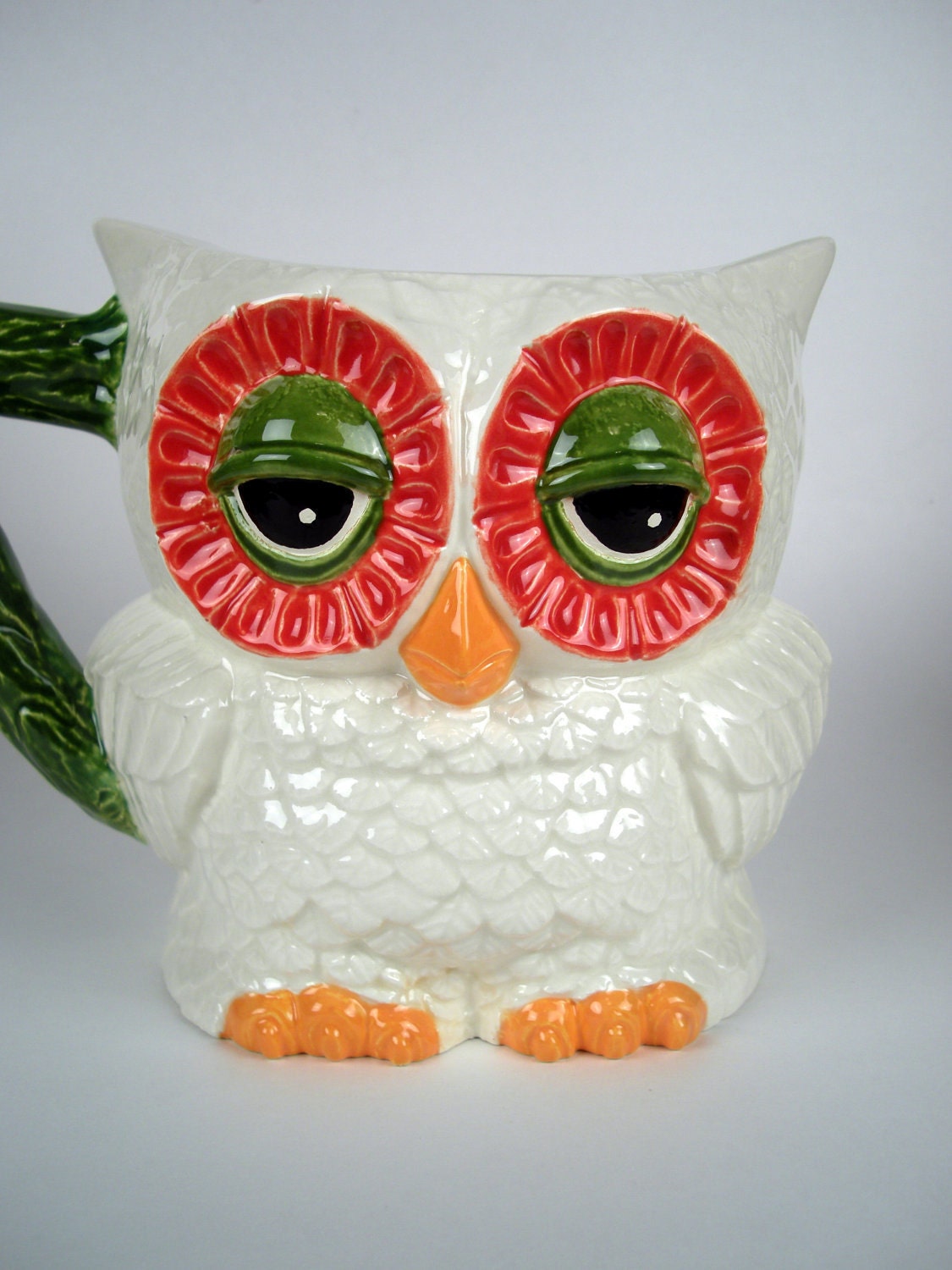 SALE: Vintage Ceramic Owl Pitcher, Red, Green and Orange