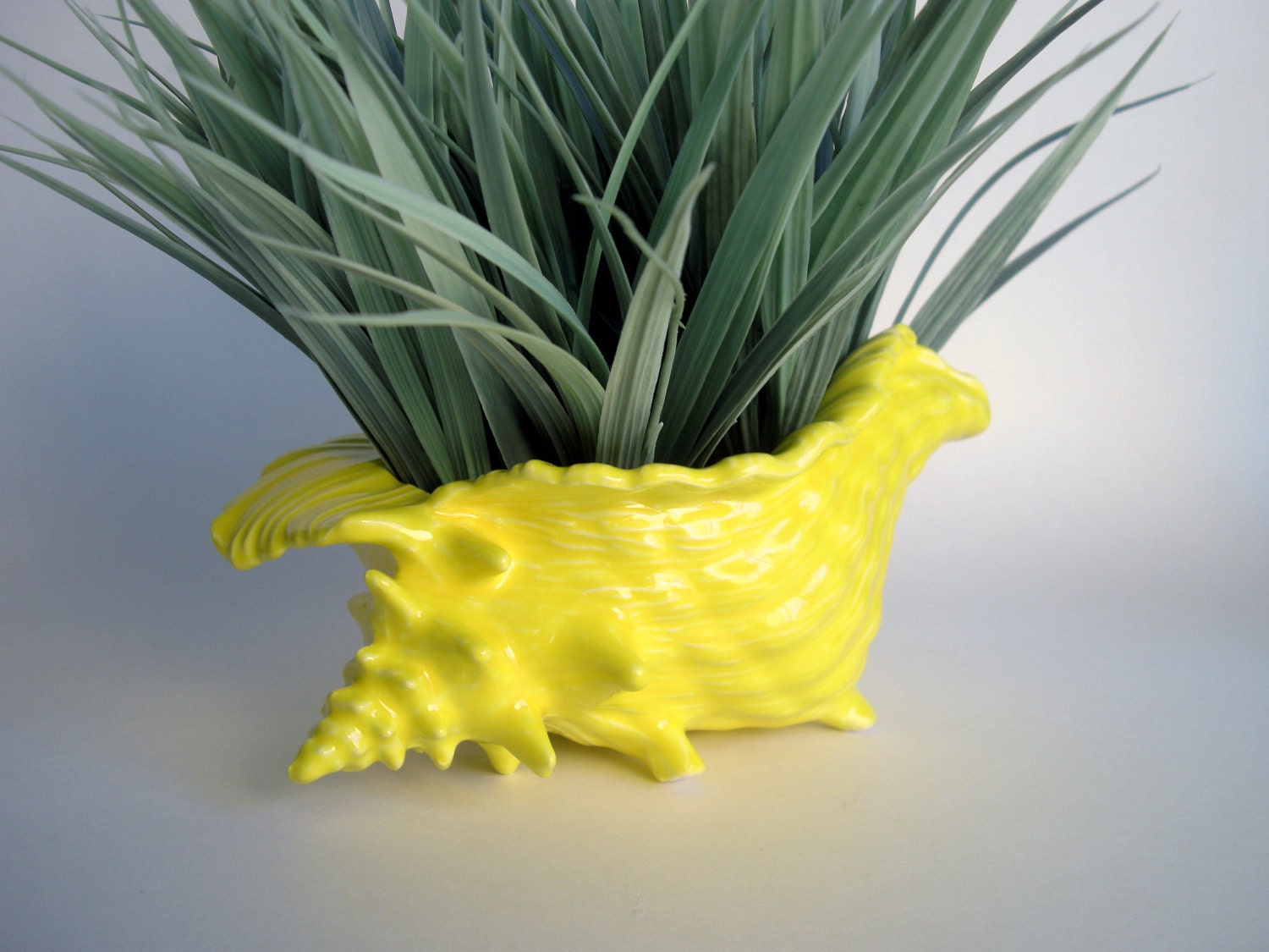 Vintage Ceramic Bright Yellow Conch Shell Planter Vase,  Small